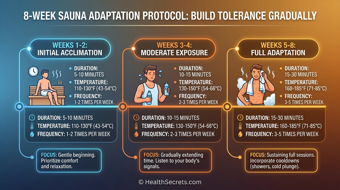 8-week sauna adaptation timeline showing gradual progression from 5-minute beginner sessions to 30-minute optimal sessions