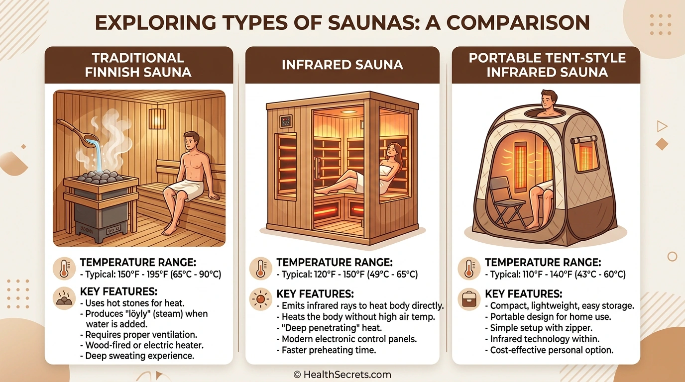 Comparison infographic of traditional Finnish sauna, infrared sauna, and portable infrared sauna showing temperatures and features