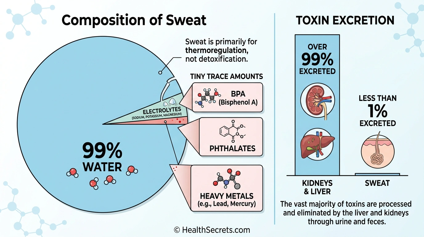 Diagram showing sweat composition is 99% water with trace toxins and comparison showing kidneys and liver handle over 99% of detoxification