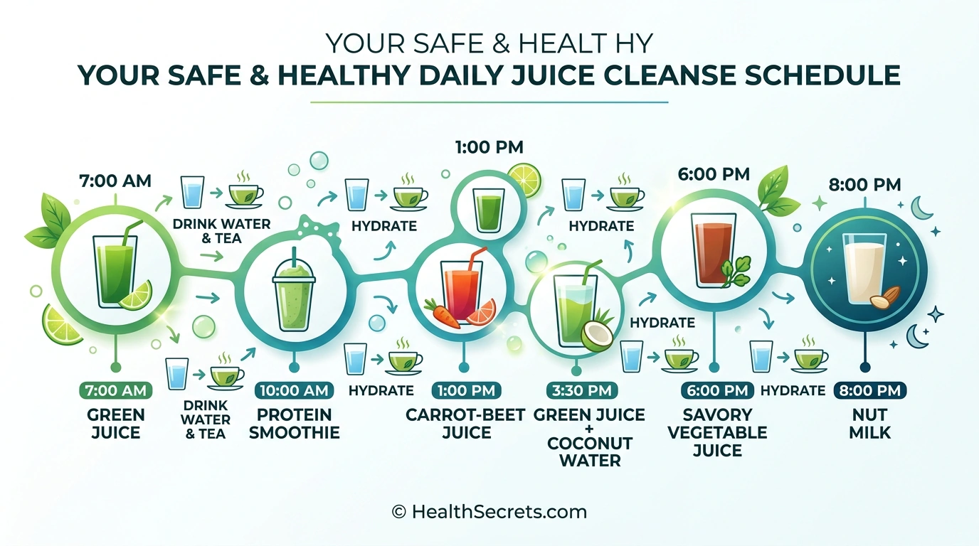 Daily juice cleanse schedule showing six juices and shakes spaced from 7am to 8pm with hydration reminders between each