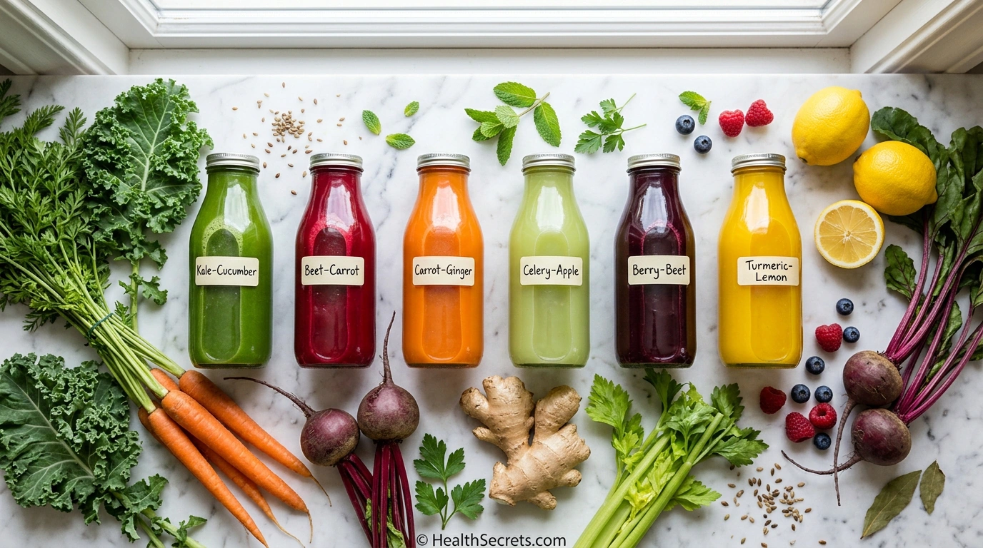 Six colorful fresh-pressed vegetable and fruit juices in glass bottles surrounded by whole produce for a juice cleanse guide