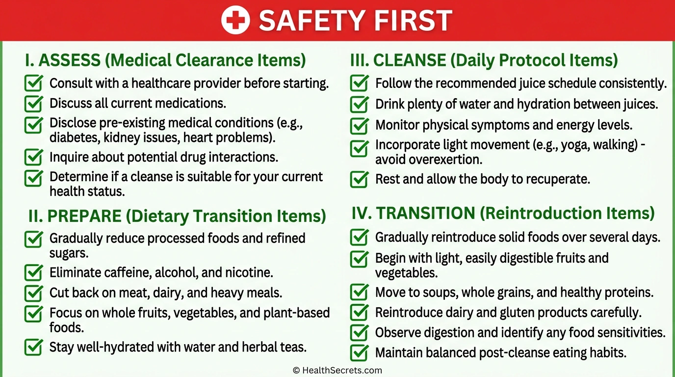 Printable safety checklist for juice cleansing covering four phases: assessment, preparation, cleanse protocol, and post-cleanse transition