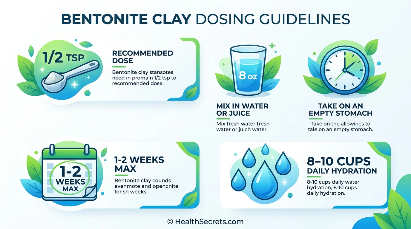 Bentonite clay dosing guide infographic showing amounts timing and hydration requirements