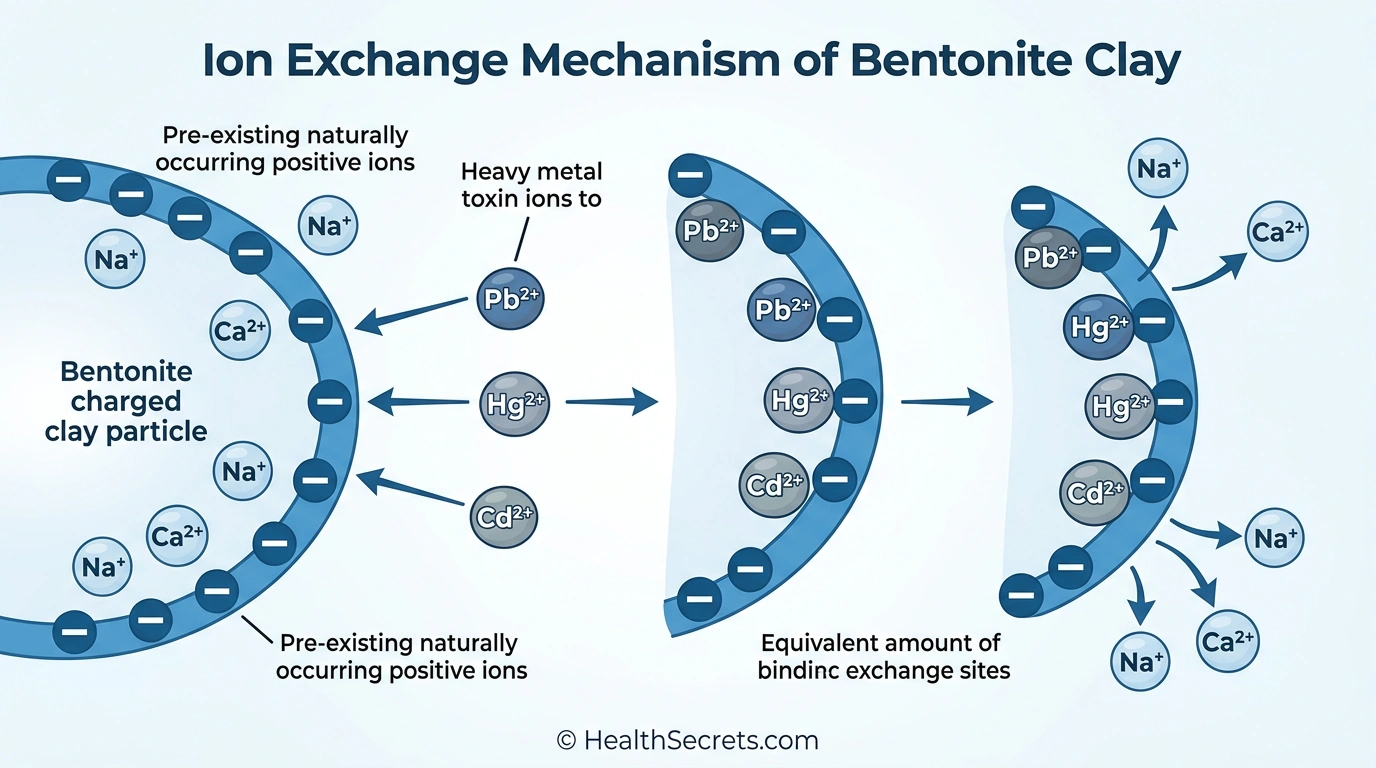 Diagram showing bentonite clay ion exchange mechanism binding heavy metal toxins