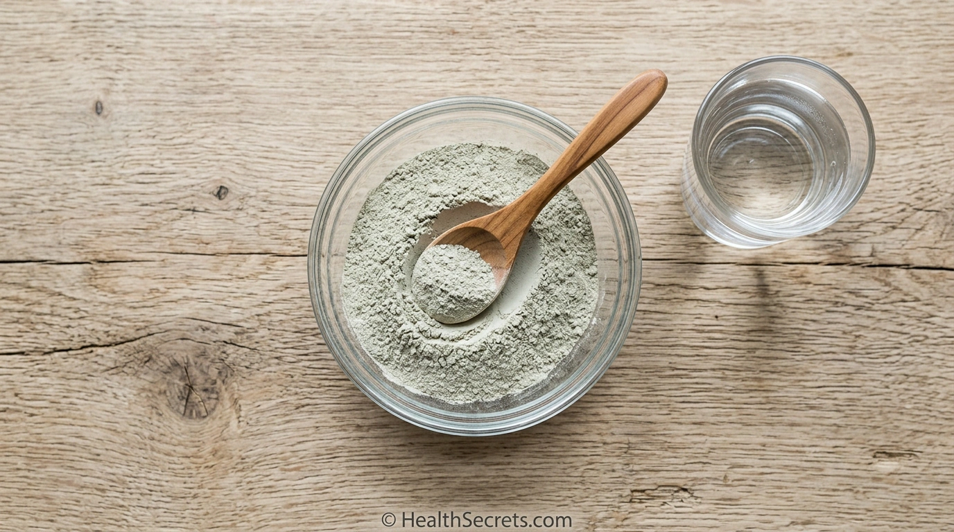 Food-grade bentonite clay powder in glass bowl with wooden spoon for natural detox