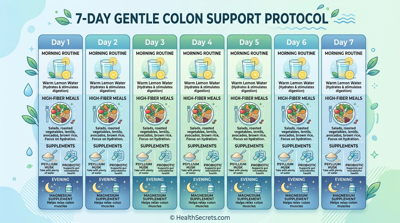 7-day gentle colon support protocol showing daily fiber hydration probiotic and magnesium routine