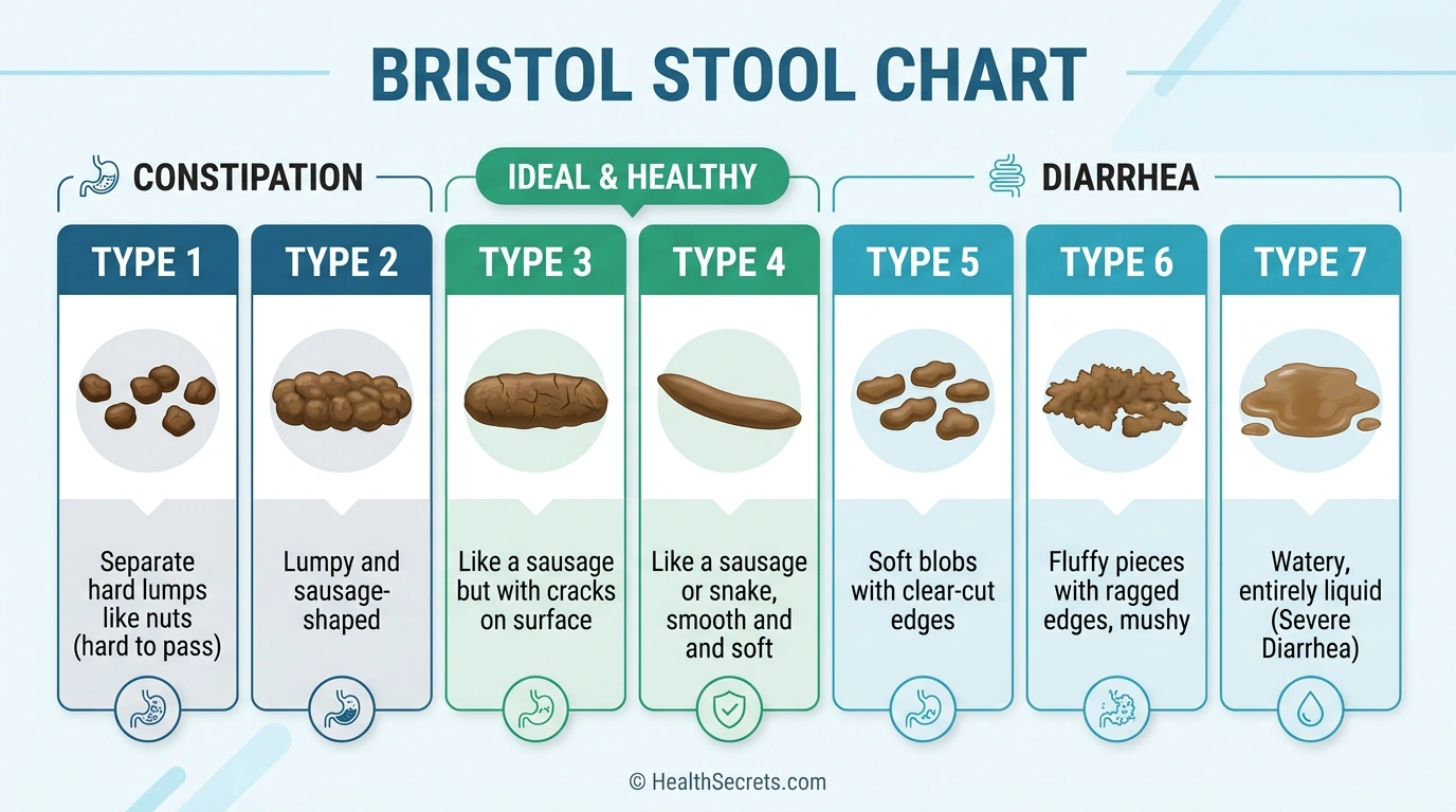 Bristol Stool Chart showing 7 stool types with Types 3 and 4 highlighted as healthy ideal bowel movements
