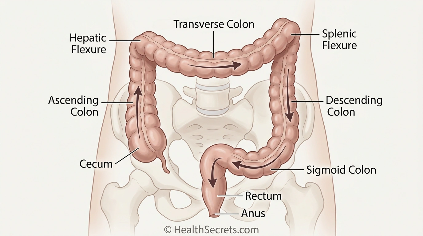 Anatomical diagram of human colon showing ascending transverse descending and sigmoid colon with peristalsis direction