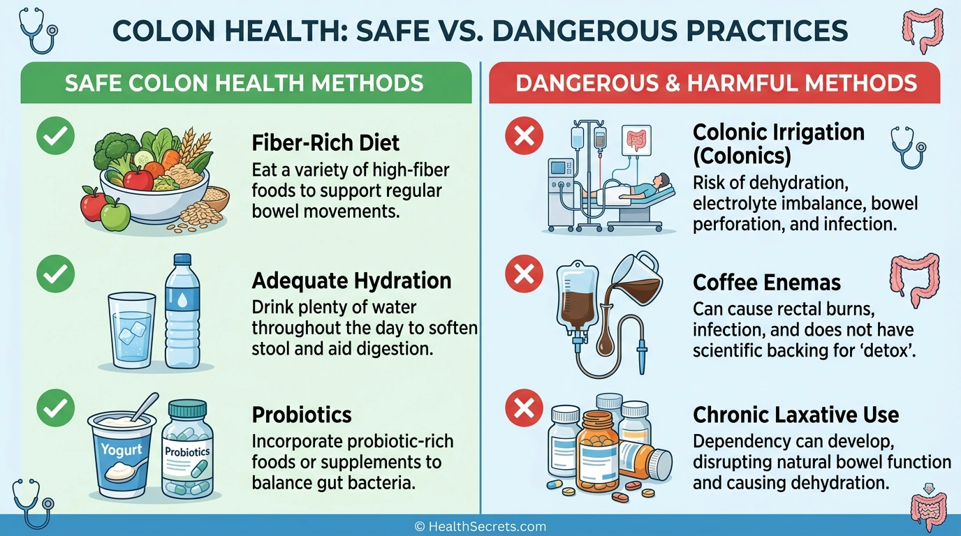 Comparison of safe vs dangerous colon cleansing methods with fiber and hydration recommended and colonics and enemas marked as dangerous
