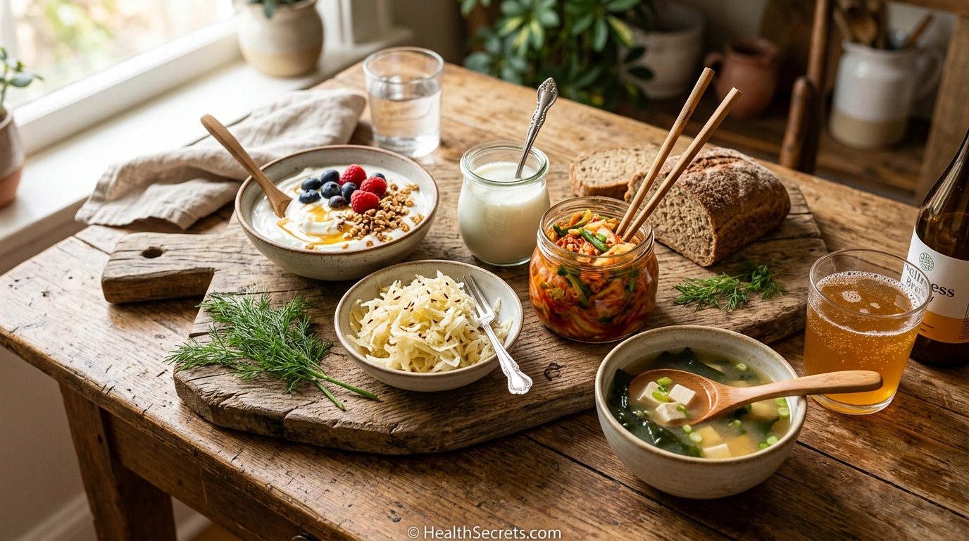 Probiotic-rich fermented foods for colon health including yogurt kefir sauerkraut kimchi and kombucha