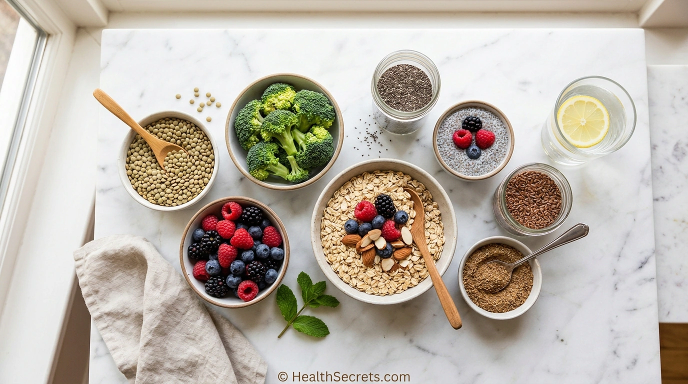 High-fiber foods for natural colon health including lentils, berries, oats, chia seeds, and vegetables