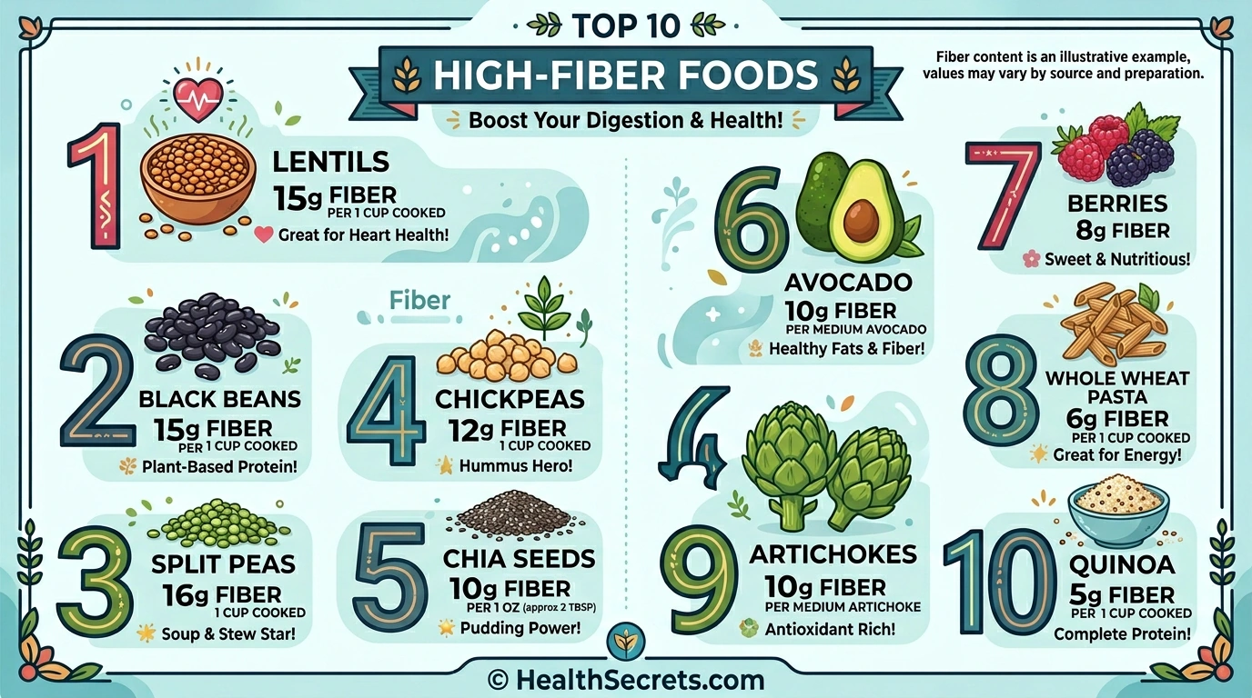 Infographic of top high-fiber foods for colon health with fiber content per serving