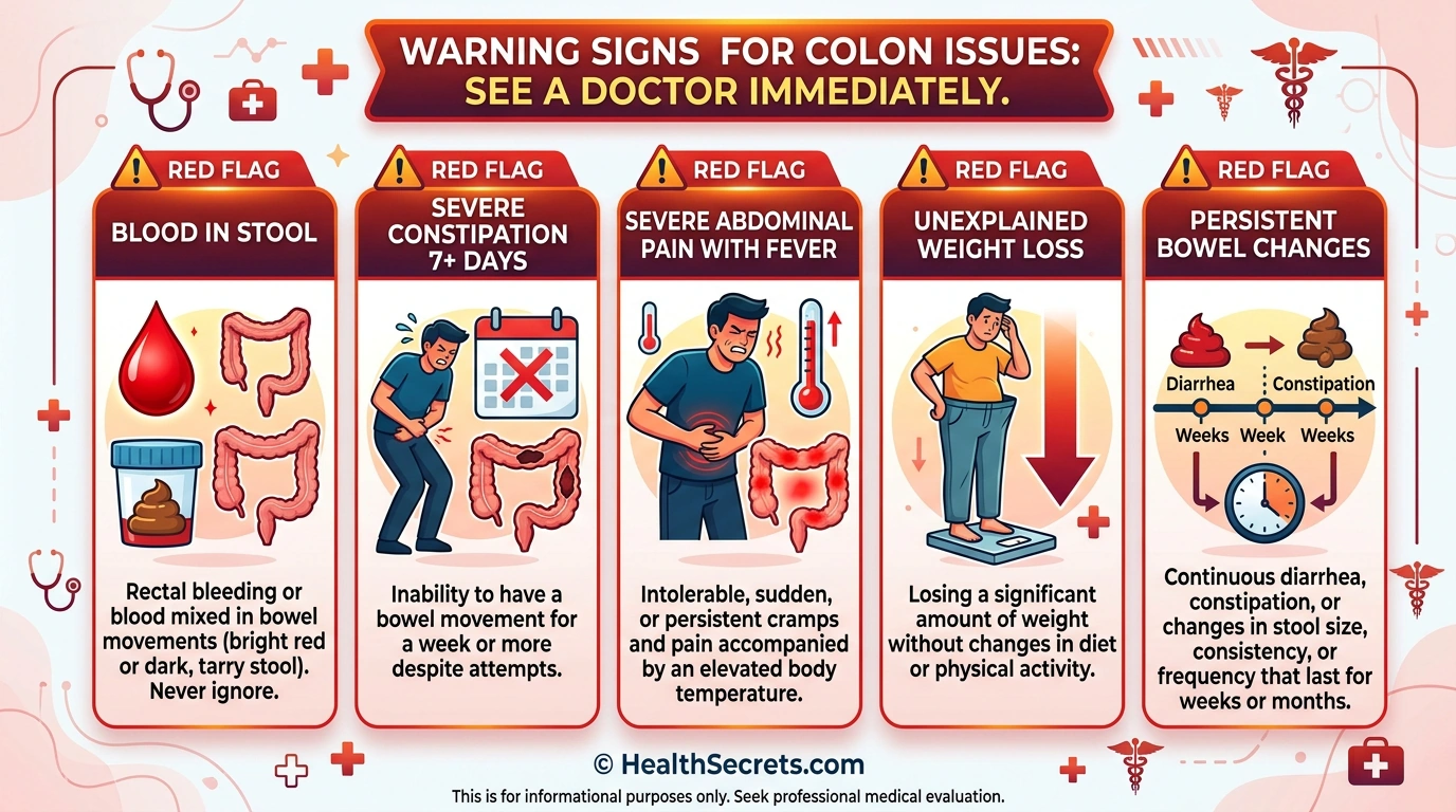 Warning signs infographic showing when to see a doctor about colon issues including blood in stool and severe constipation