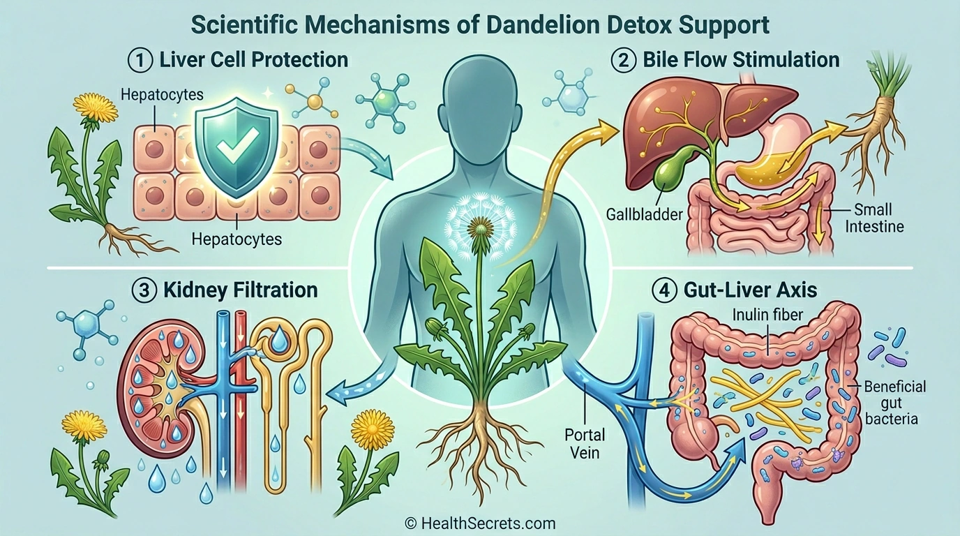 Four mechanisms of dandelion detox support including liver protection bile flow kidney filtration and gut-liver axis