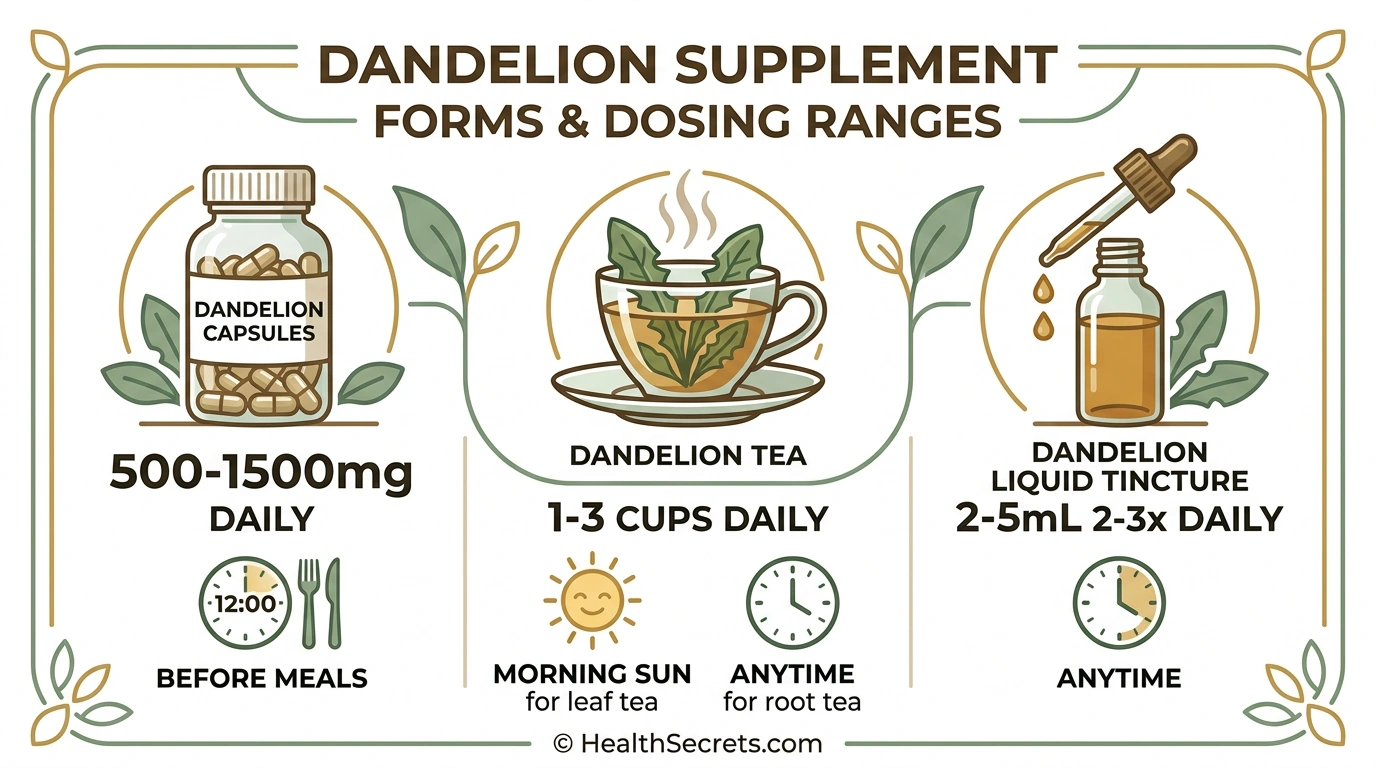 Dandelion supplement dosing guide showing capsule tea and tincture forms with recommended daily amounts