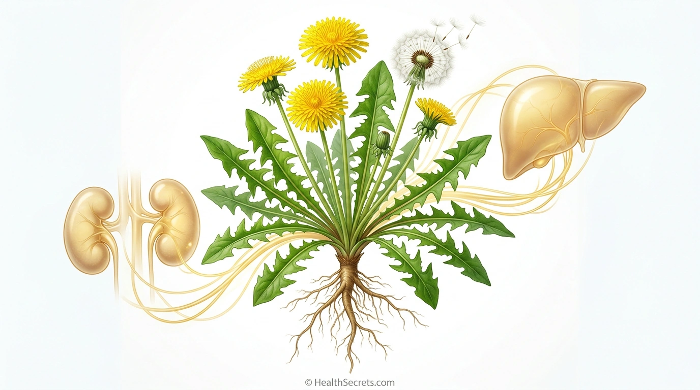 Dandelion plant with liver and kidney health support pathways illustrated