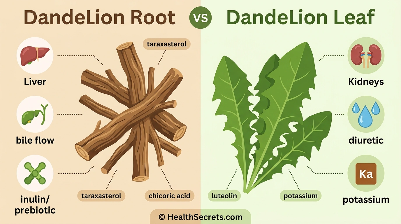 Infographic comparing dandelion root benefits for liver versus dandelion leaf benefits for kidneys