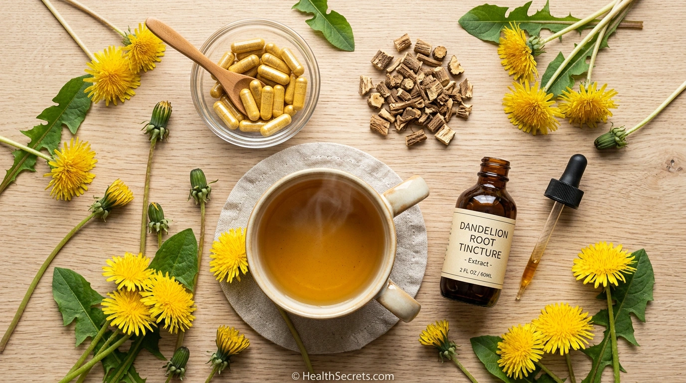 Various dandelion supplement forms including capsules dried root tea and liquid tincture arranged in flat lay