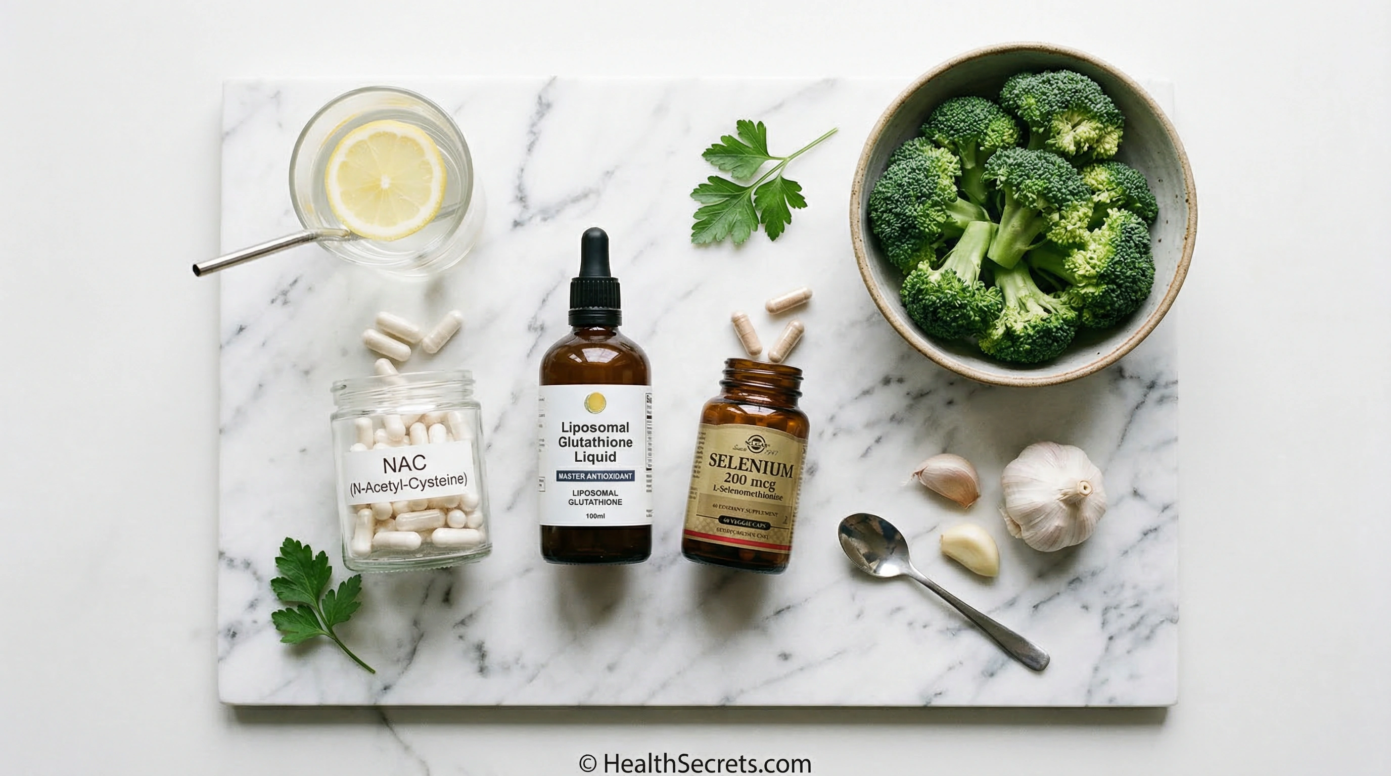 Recommended detox support supplements including NAC, liposomal glutathione, and selenium alongside cruciferous vegetables and detox-supporting foods