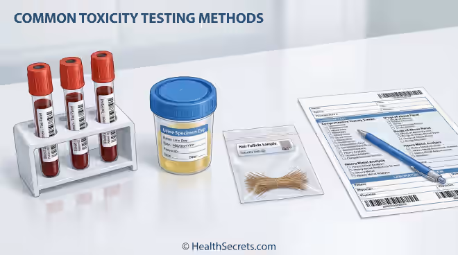 Toxicity testing methods including blood, urine, and hair analysis samples for assessing toxic burden
