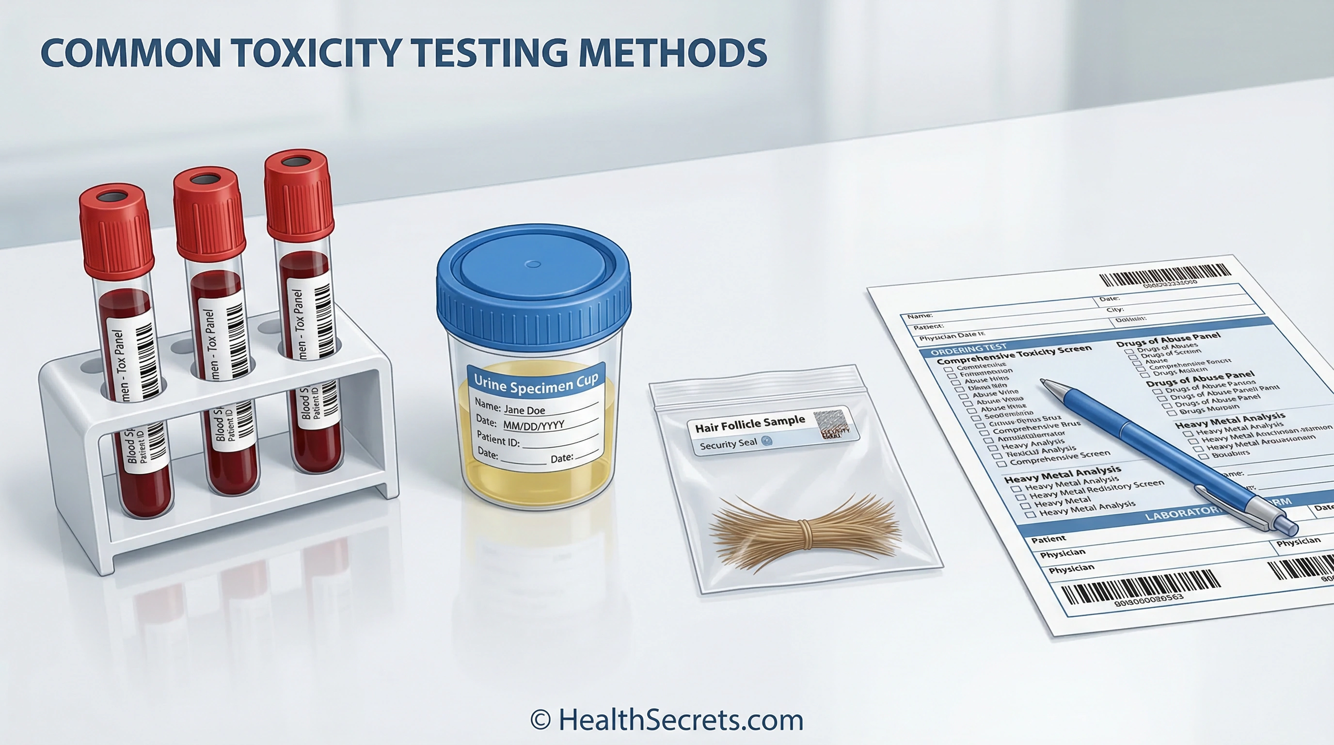 Toxicity testing methods including blood, urine, and hair analysis samples for assessing toxic burden