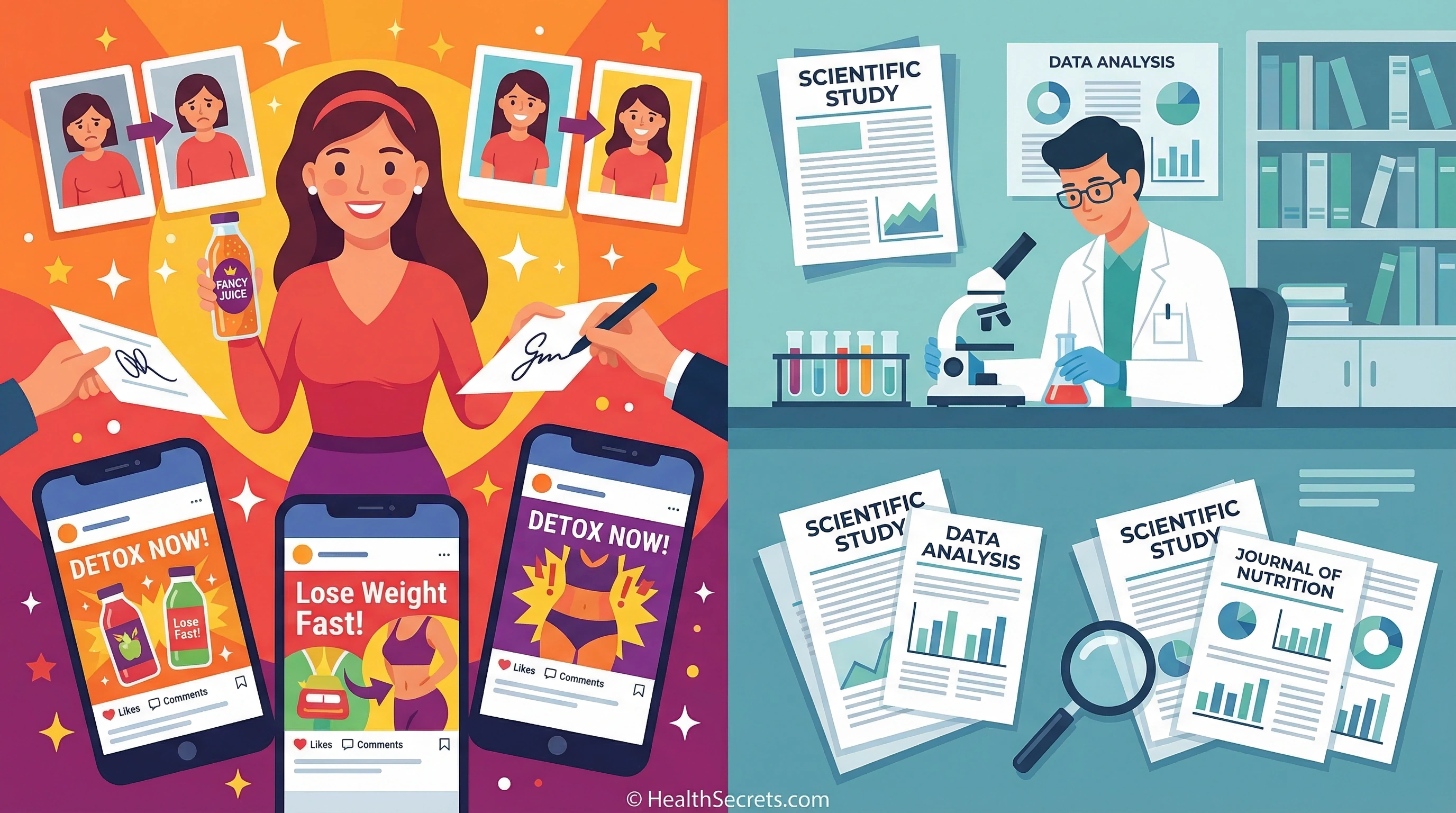 Split illustration contrasting detox industry marketing hype with evidence-based scientific research