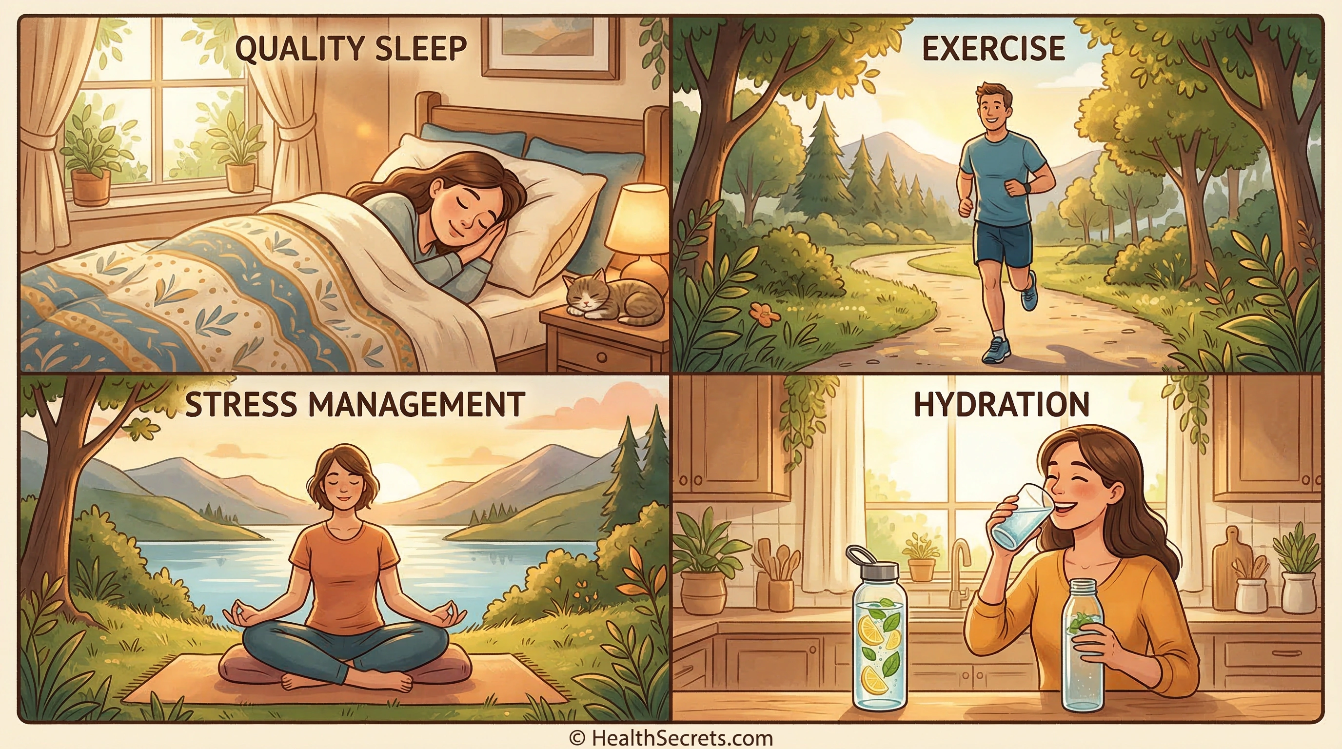Lifestyle montage showing evidence-based detox support activities including sleep exercise meditation and hydration