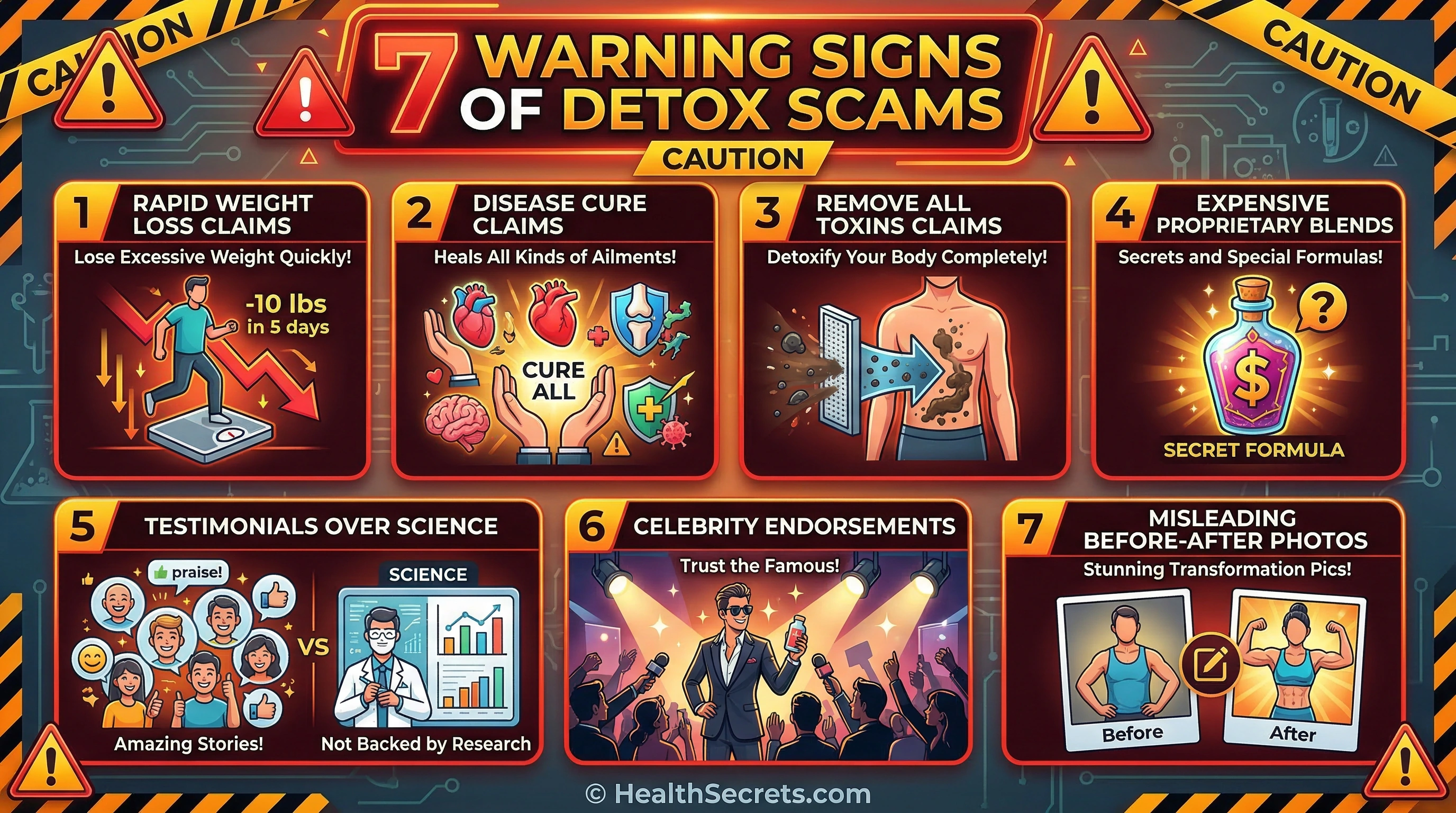 Warning infographic showing seven red flags of detox scams including rapid weight loss claims and proprietary blends