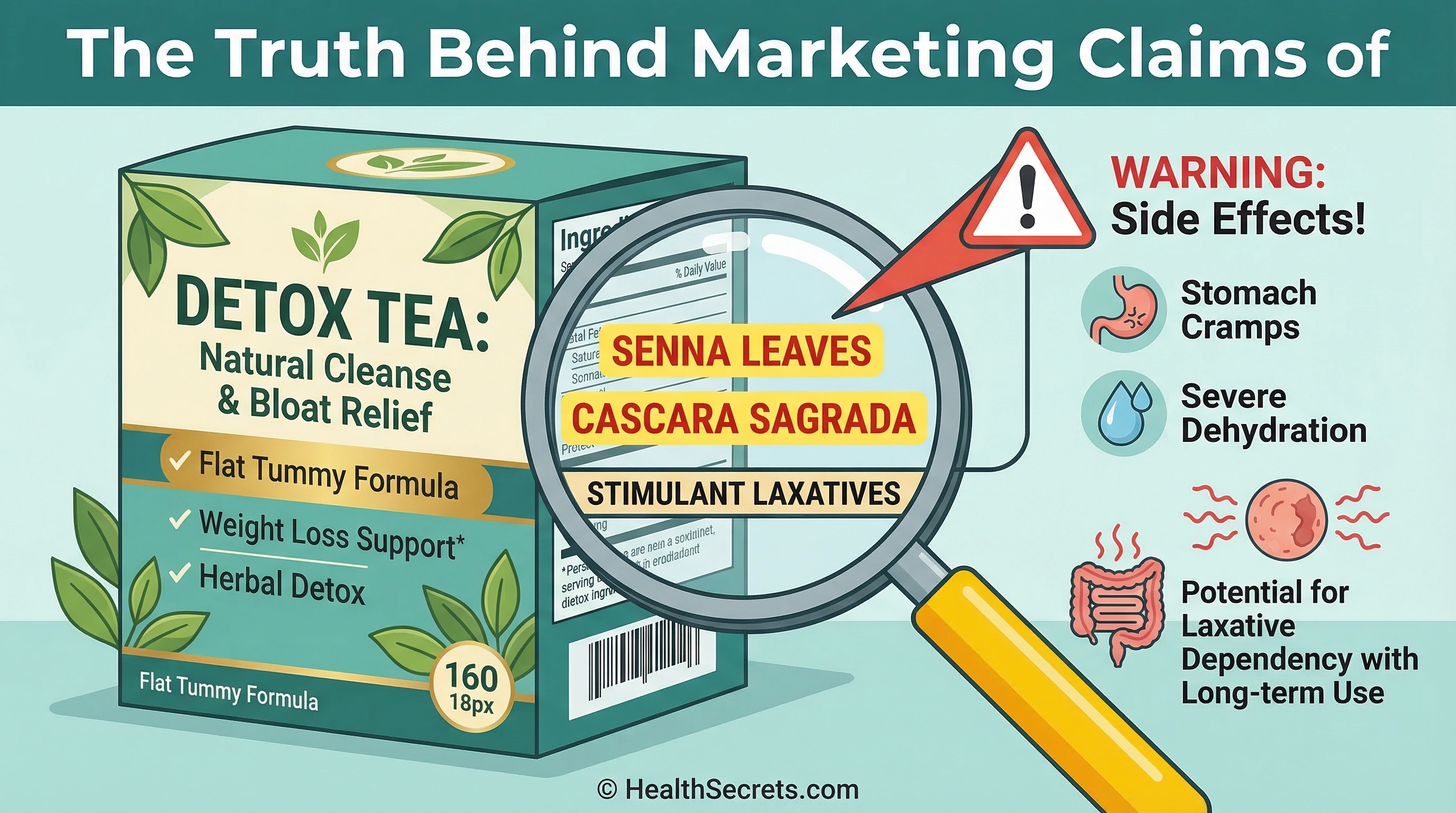 Illustration exposing detox tea ingredients showing senna and cascara sagrada laxatives behind marketing claims