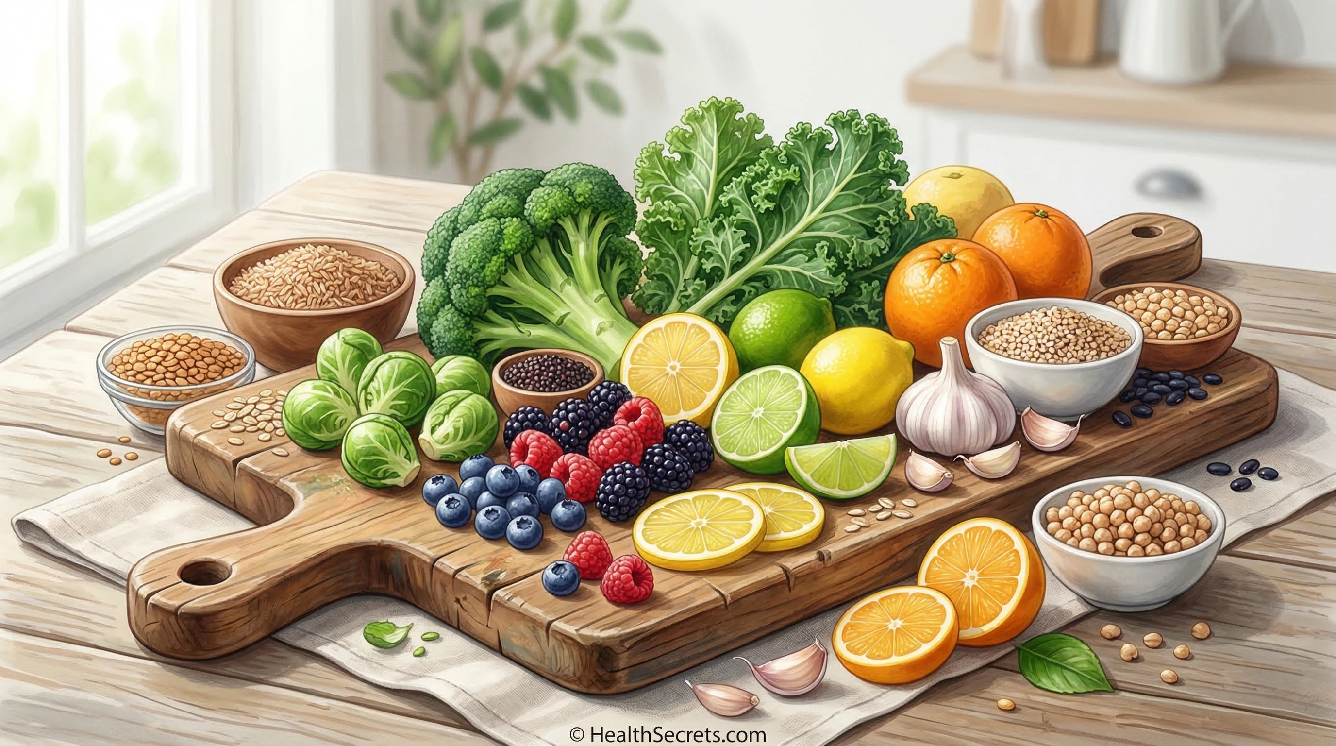 Array of evidence-based detox support foods including cruciferous vegetables berries citrus and whole grains