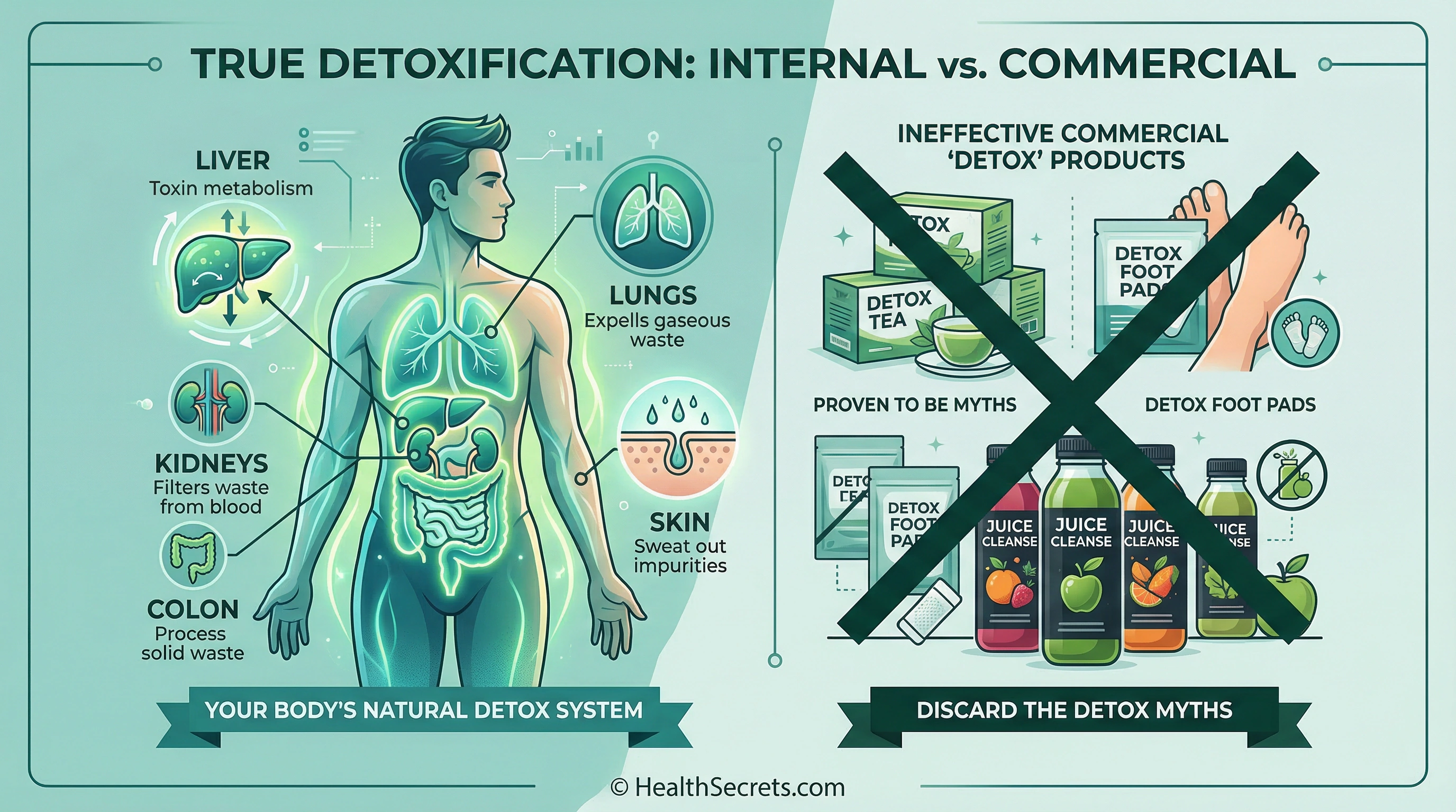 Infographic comparing the body's natural detoxification organs with debunked commercial detox products including teas foot pads and juice cleanses