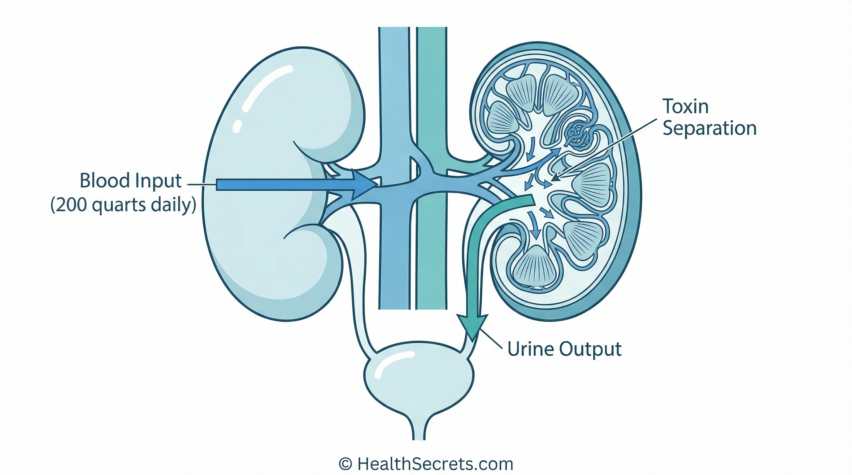 Medical illustration showing kidney blood filtration process filtering 200 quarts of blood daily