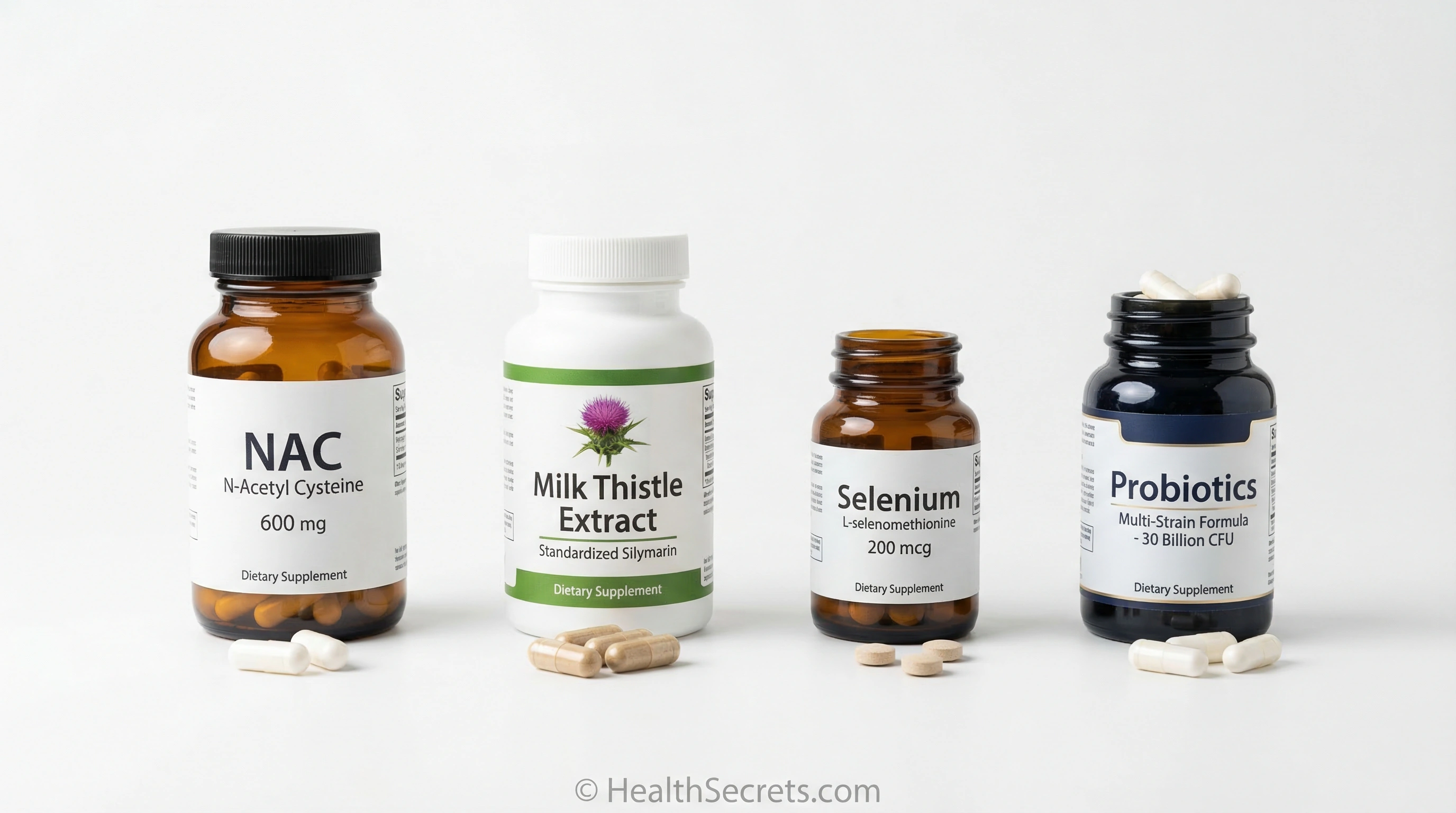 Evidence-based detox support supplements including NAC milk thistle selenium and probiotics