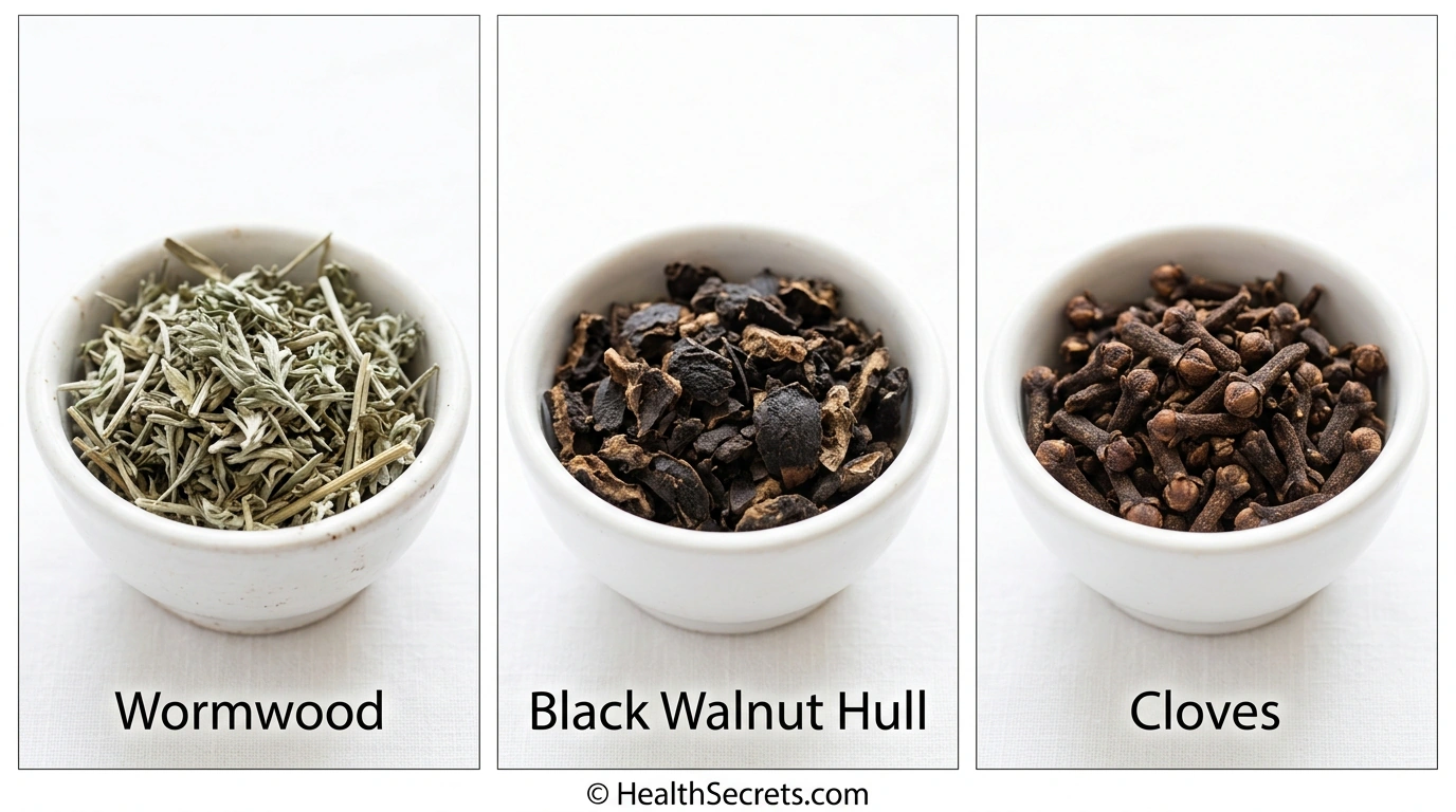 Classic antiparasitic trio herbs wormwood black walnut hull and cloves in white bowls