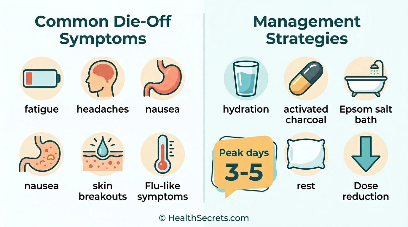 Infographic showing parasite die-off symptoms and management strategies during Herxheimer reaction