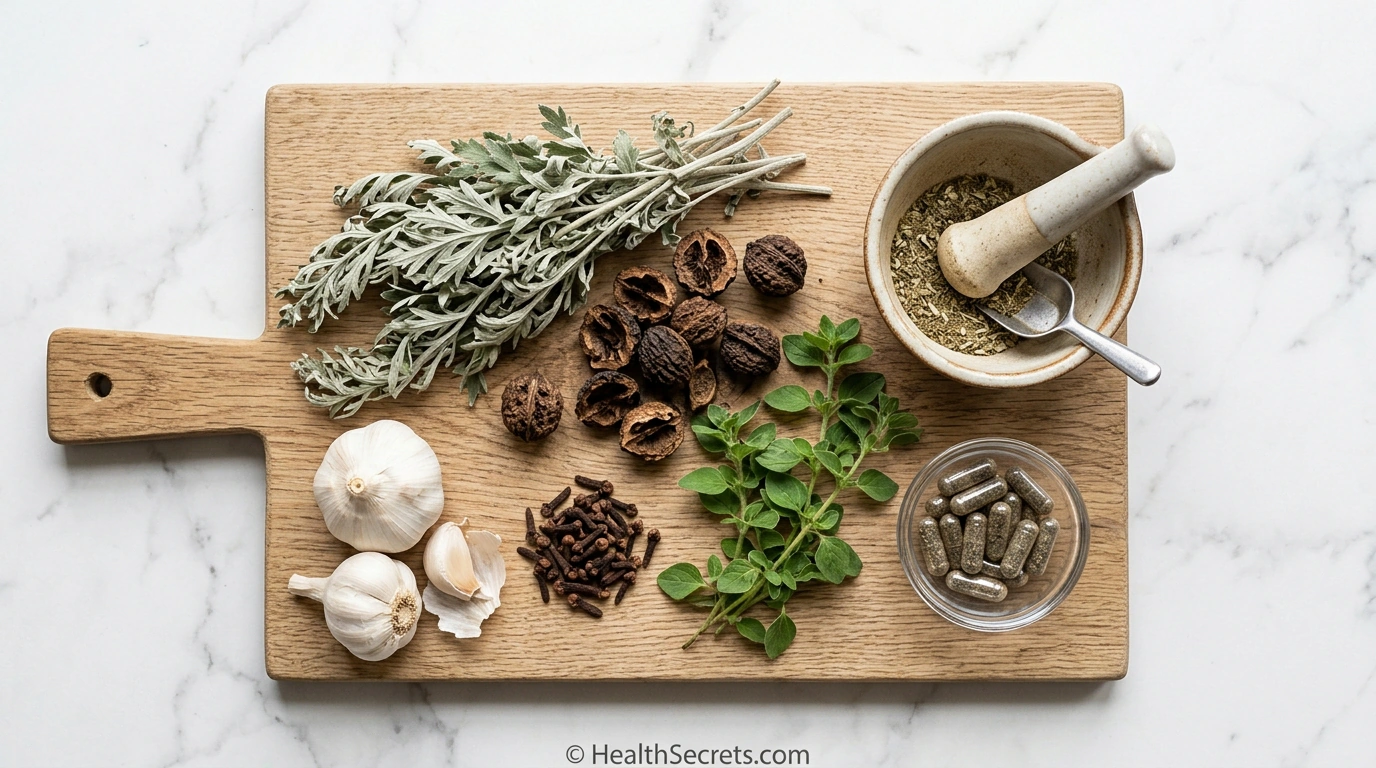 Natural antiparasitic herbs for parasite cleanse including wormwood black walnut hulls cloves oregano and garlic