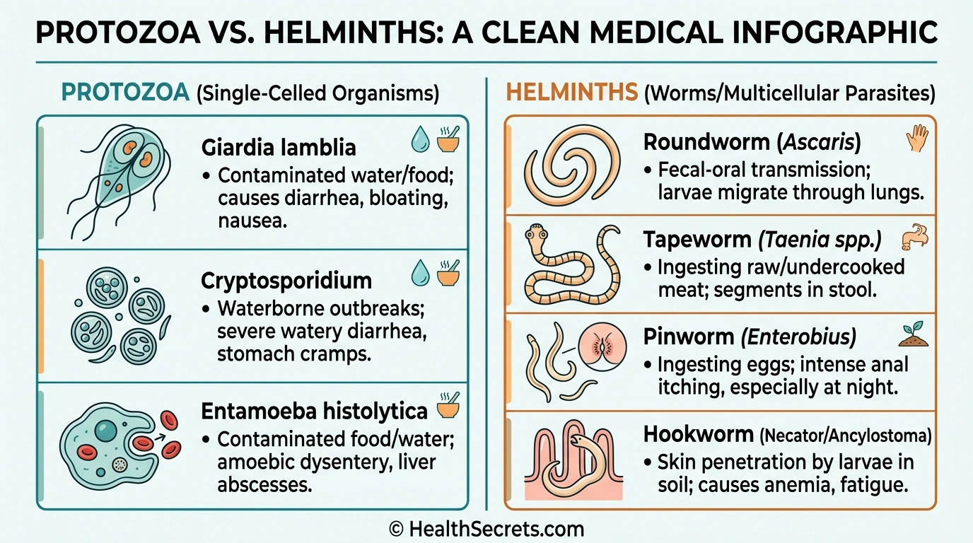 Infographic showing types of intestinal parasites including protozoa and helminths with illustrations