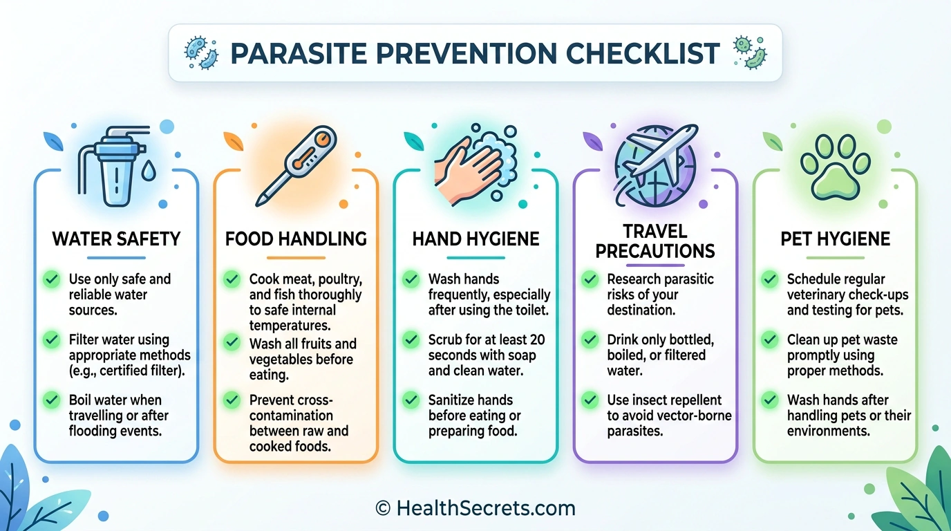 Parasite prevention strategies checklist including water safety food handling hand hygiene travel precautions and pet hygiene