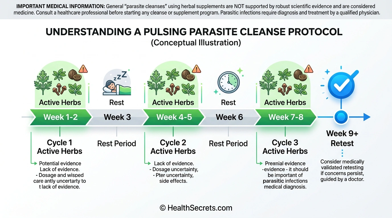 Timeline showing parasite cleanse pulsing protocol with 2 weeks on 1 week off repeated for 3 cycles