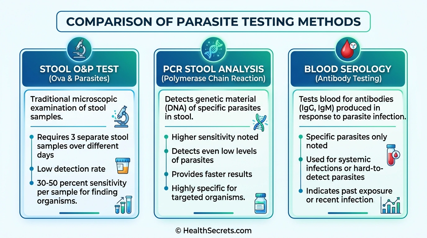 Comparison of parasite testing methods including stool O&P test PCR analysis and blood serology