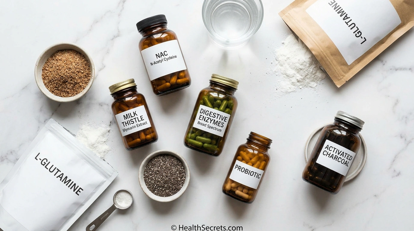 Supporting supplements for parasite cleanse including NAC milk thistle activated charcoal probiotics and digestive enzymes