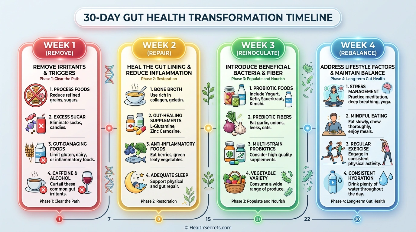 30-day gut health transformation protocol timeline showing four phases: Remove, Repair, Reinoculate, and Rebalance