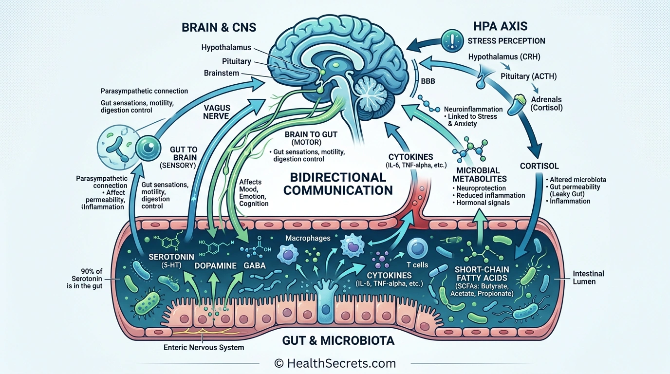 Gut-brain axis infographic showing neural, immune, and metabolic communication pathways between gut microbiome and brain