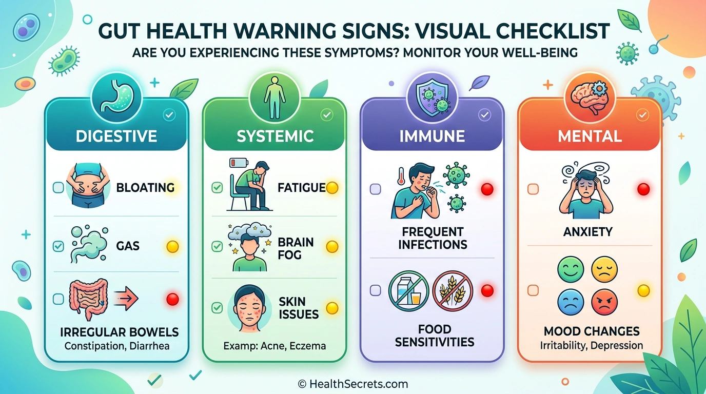 Gut health warning signs checklist organized by digestive, systemic, immune, and mental health symptoms