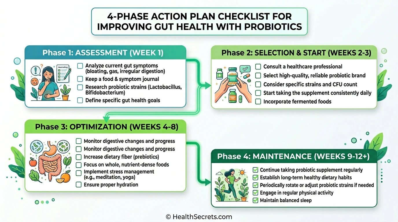 Four-phase action plan checklist for starting a probiotic supplement routine for optimal gut health