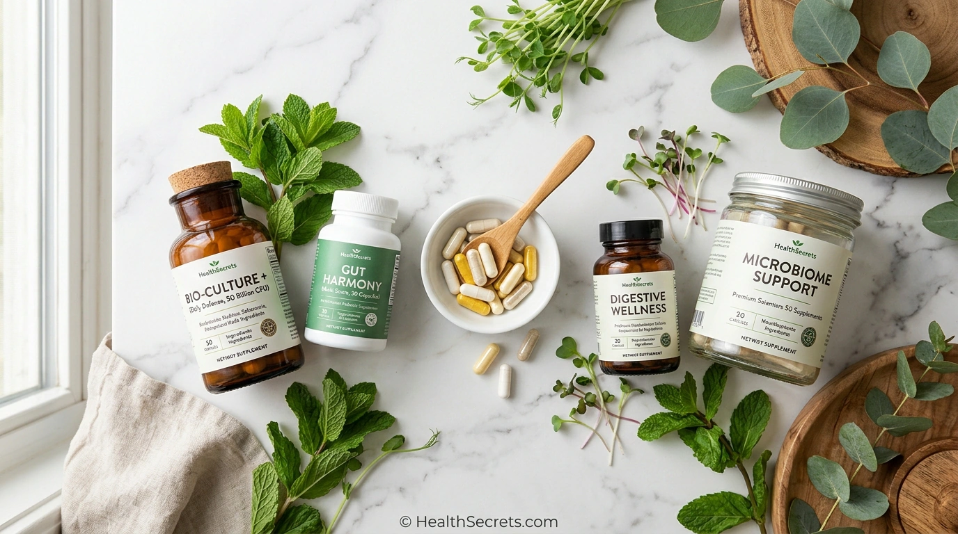 Best probiotics for gut health — top 12 science-backed probiotic supplements arranged on a clean surface with botanical elements