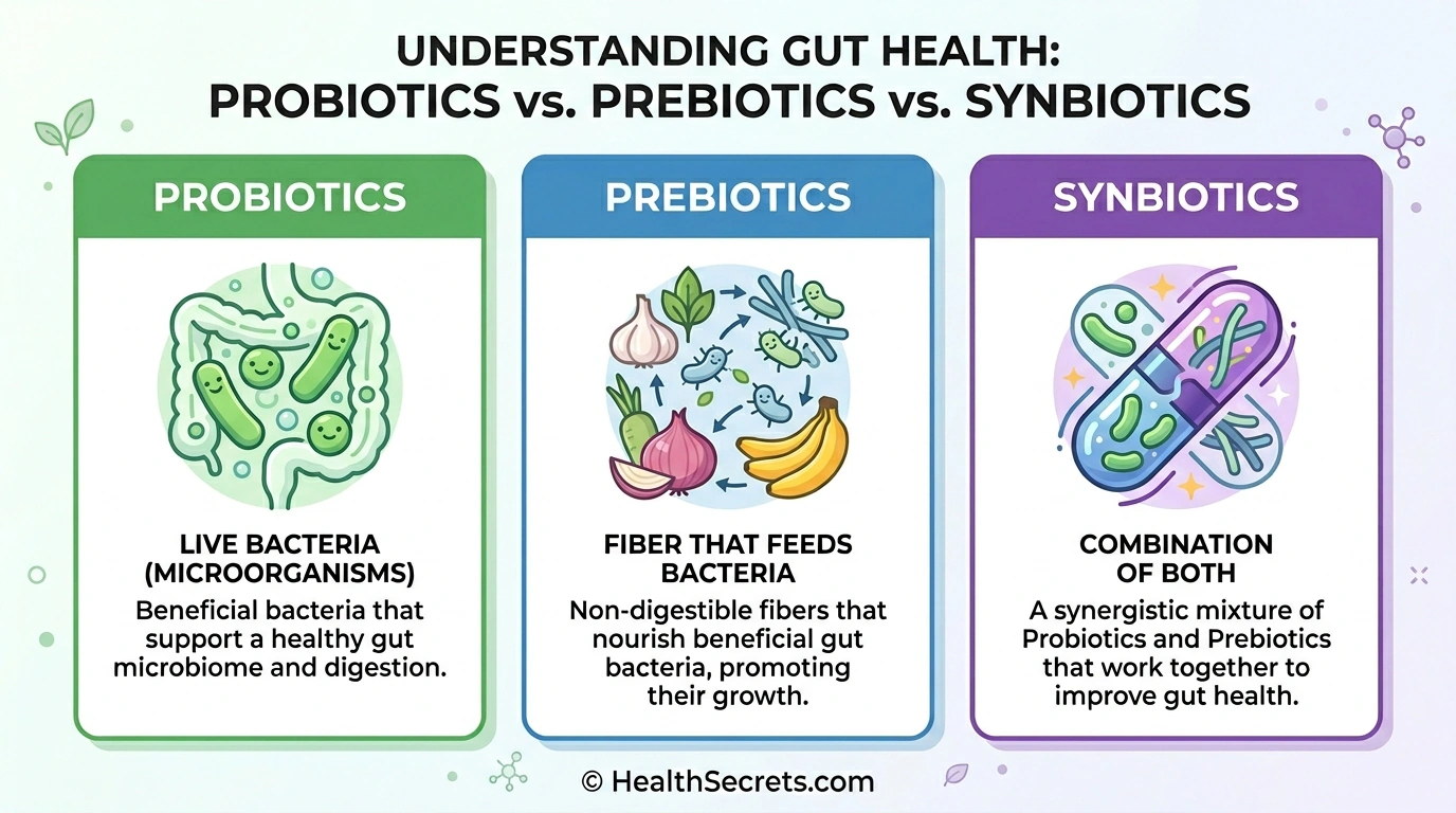 Comparison infographic explaining the difference between probiotics, prebiotics, and synbiotics for gut health