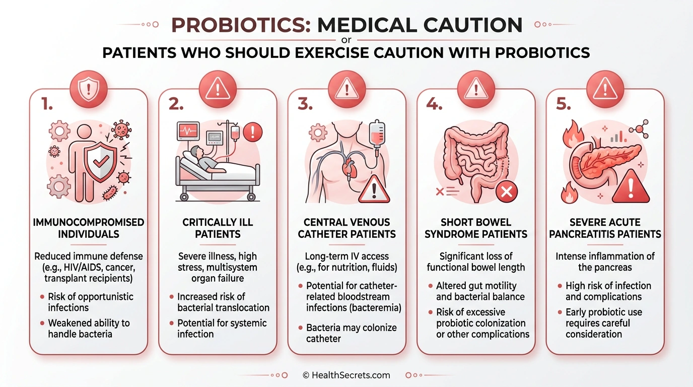 Safety infographic showing five groups of people who should consult a doctor before taking probiotic supplements