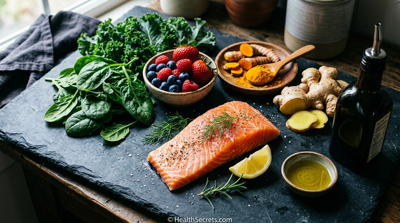 Anti-inflammatory foods for gut health including turmeric, ginger, salmon, berries, leafy greens, and olive oil