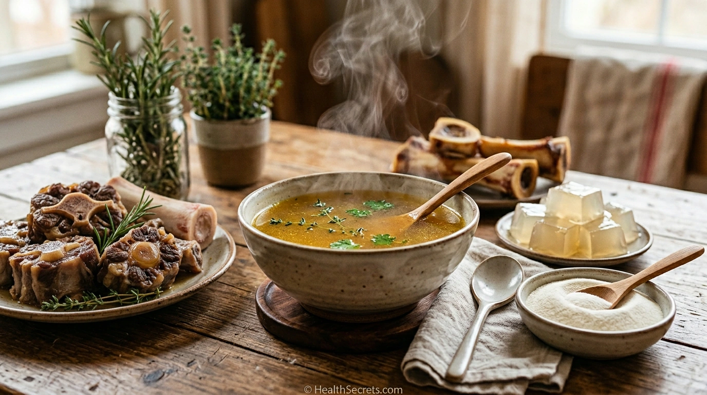 Bone broth in a ceramic bowl with collagen peptides, gelatin, and slow-cooked meat for gut healing
